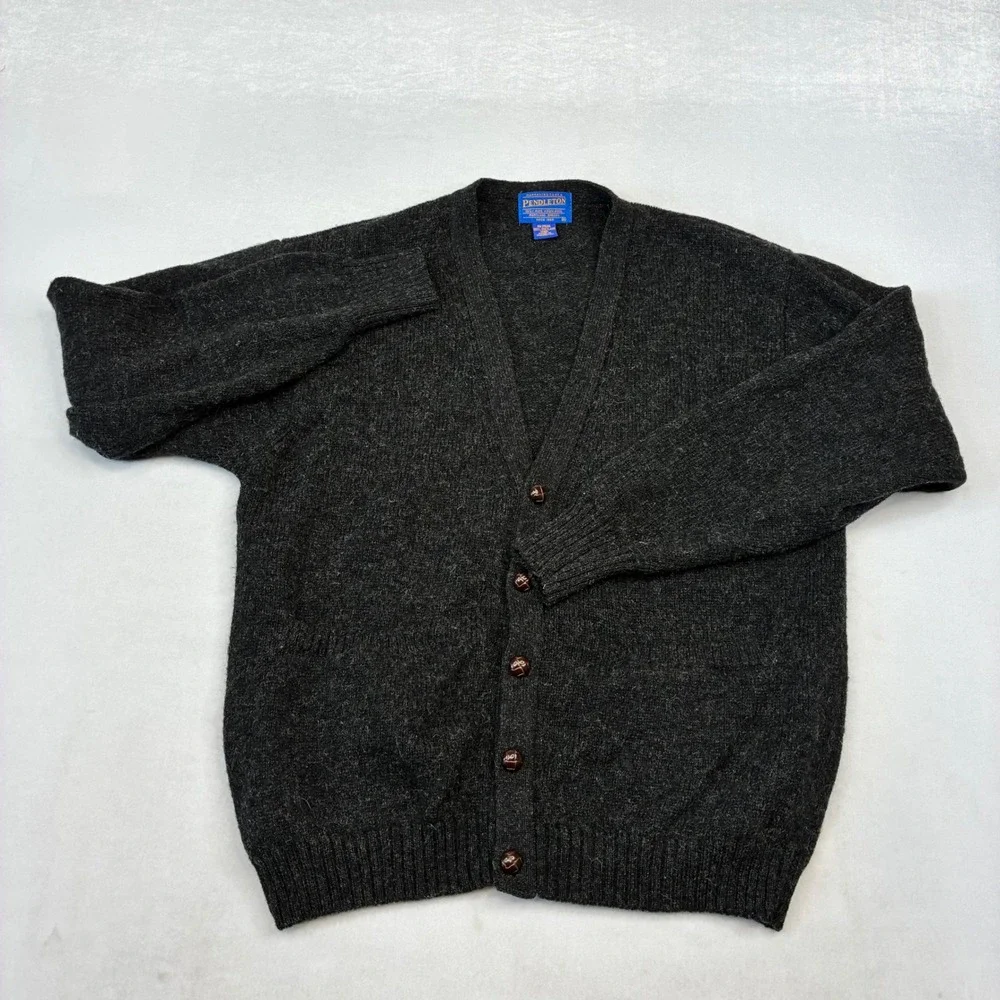 Pendleton Cardigan Sweater Mens Medium Gray Shetland Virgin Wool Button V-Neck